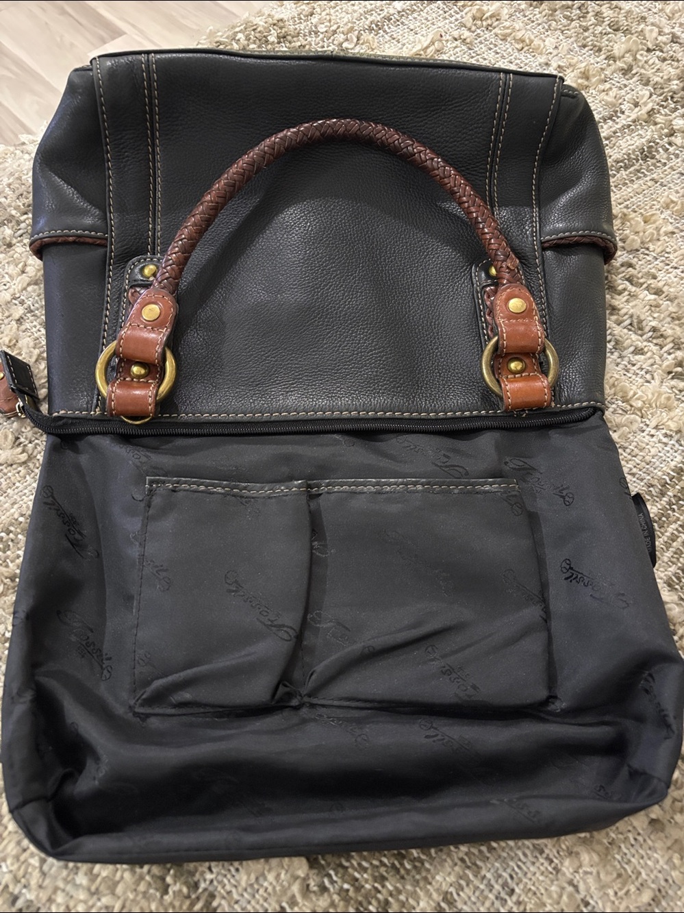 Fossil black leather with cream stitching, double braided handles, - Picture 10 of 14